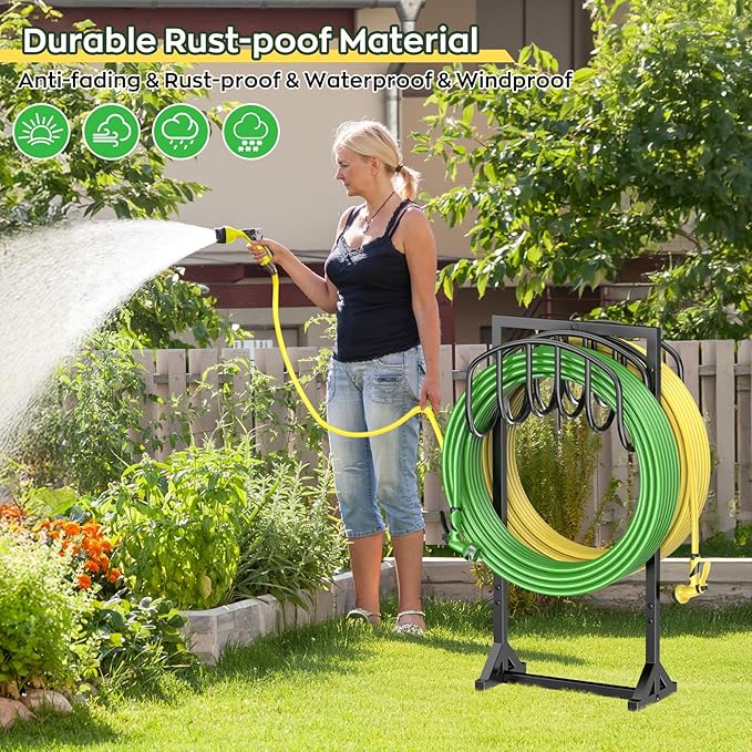 Garden Water Hose Holder Holds 2 * 150Ft Hoses, Heavy-Duty Metal Freestanding Hose Holder with 4 Spikes, Rustproof Garden Hose Reels Hose Hanger Storage for Outside, Yard, Lawn, Farm, Black