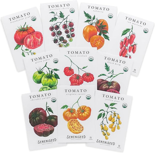 Sereniseed Certified Organic Tomato Seeds (10-Pack) – Non GMO, Open Pollinated – Cherokee Purple, Chocolate Cherry, Green Zebra, Brandywine Pink, Black Krim and More - Tomato Seeds for Planting
