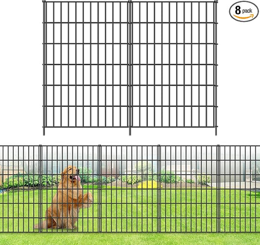 Metal Garden Fence 40in (H) x 18.7ft (L), 8 Panels + 9 Stakes Dog Fence Border Fence Animal Barrier, No Dig Garden Fencing for Yard Flower Bed Lawn Patio Outdoor, PIN402808 Black