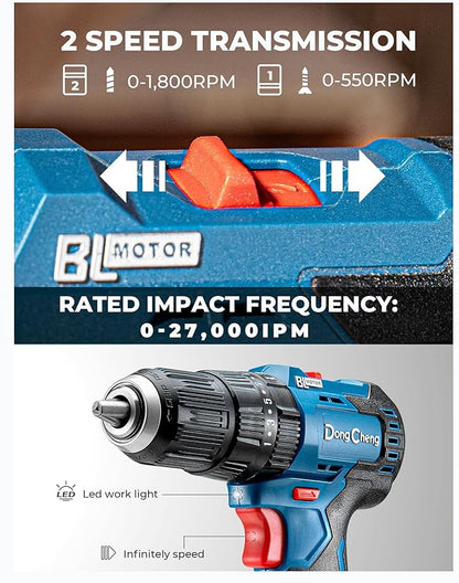 Dong Cheng 20V Brushless Heavy-duty Impact Drill, 443 in-lbs, 27000 BPM, 1/2" Keyless Metal Chuck, 20+1+1 Clutch, Cordless Hammer Drill for Drilling Brick Wall, Metal, Wood, Bare Tool