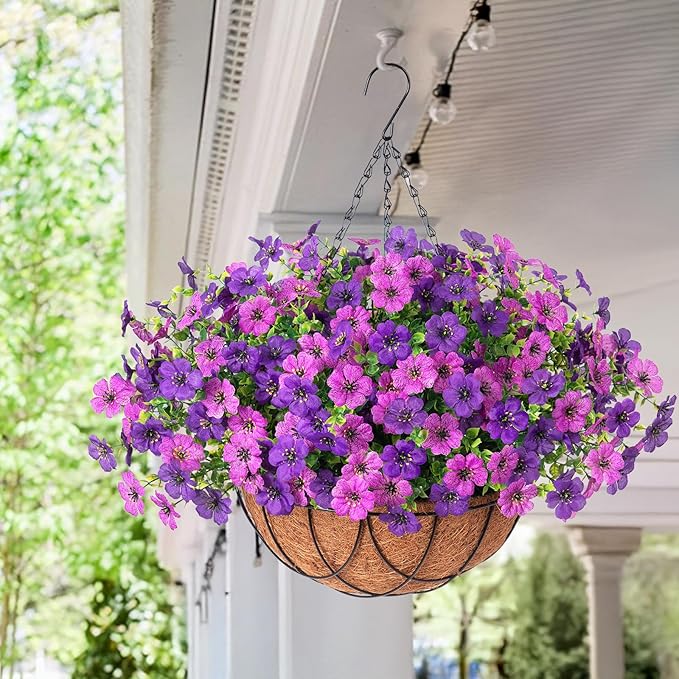 Artificial Silk Flowers Hanging Baskets Outdoors Indoors, Daisy with Eucalyptus Leaves Arrangement for Garden Yard Spring Summer Decor Faux Green Plant Metal Coconut Lining (Dark Purple Purple)