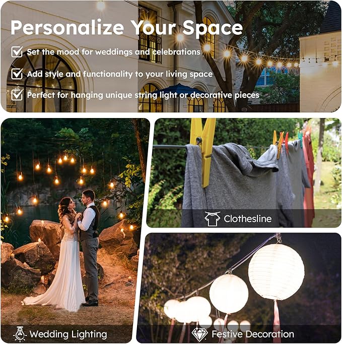 String Light Hanging Kit with 164FT Vinyl Coated Stainless Steel 304 Wire Rope Suspension Kit Included Enough Accessories with Turnbuckles and Hooks for Patio, Garden and Wedding Lighting