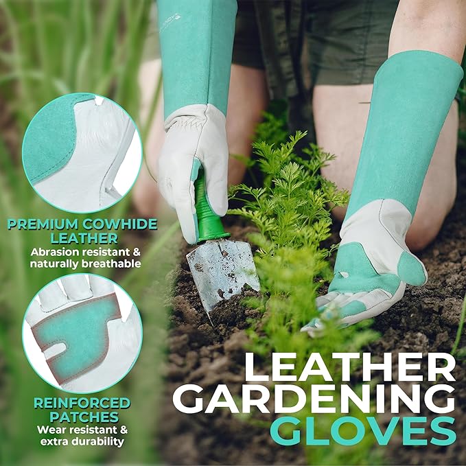HANDLANDY Long Gardening Gloves for Men Women, Thorn Proof Rose Pruning Leather Garden Yard Gauntlet Glove, Gardening Gifts