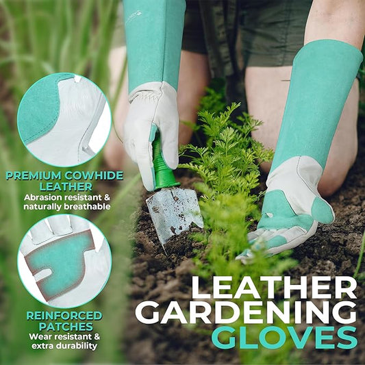 HANDLANDY Long Gardening Gloves for Men Women, Thorn Proof Rose Pruning Leather Garden Yard Gauntlet Glove, Gardening Gifts