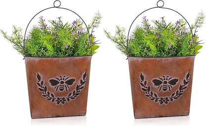 CVHOMEDECO. Farmhouse Wall Mount Metal Flower Pots Rustic Galvanized Bee Flower Holder Wall Hanging Pocket Planter for Indoor, Outdoor and Wall Decor, Set of 2 (Rusty)