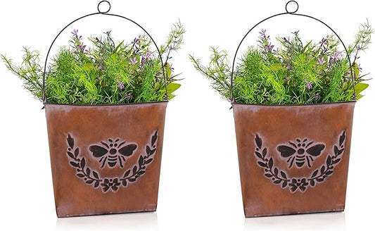 CVHOMEDECO. Farmhouse Wall Mount Metal Flower Pots Rustic Galvanized Bee Flower Holder Wall Hanging Pocket Planter for Indoor, Outdoor and Wall Decor, Set of 2 (Rusty)