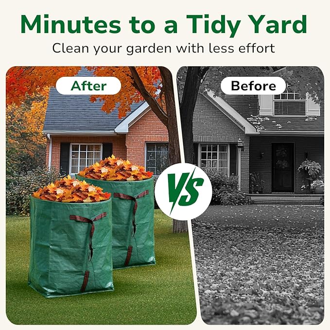 GreatBuddy Lawn Bag, 53 Gallon Yard Waste Bags, Heavy Duty PP Garden Leaf Bags for Leaves, Grass and Debris, Reusable & Foldable Leaf Collector with Handles, Wide Opening and Self-stand Design, 2 Pack