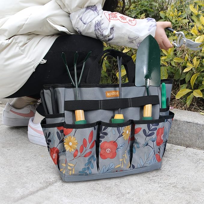 MDSTOP Garden Tool Bag, Garden Tool Kit Holder Home Organizer Storage Carrier, Oxford Garden Hand Tool Storage Tote Organizer with Handle and 8 Roomy Pockets, Floral Gardening Gift, Tools Not Included
