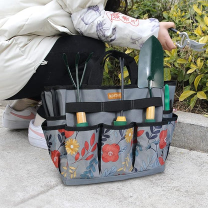 MDSTOP Garden Tool Bag, Garden Tool Kit Holder Home Organizer Storage Carrier, Oxford Garden Hand Tool Storage Tote Organizer with Handle and 8 Roomy Pockets, Floral Gardening Gift, Tools Not Included