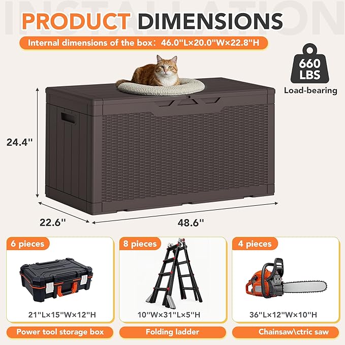 105 Gallon Deck Box Outdoor Indoor Waterproof Storage Box for Patio Furniture, Pool Accessories, Garden Tools, and Cushion Storage, Brown