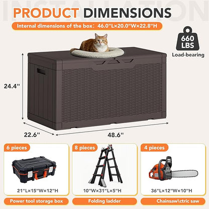 105 Gallon Deck Box Outdoor Indoor Waterproof Storage Box for Patio Furniture, Pool Accessories, Garden Tools, and Cushion Storage, Brown