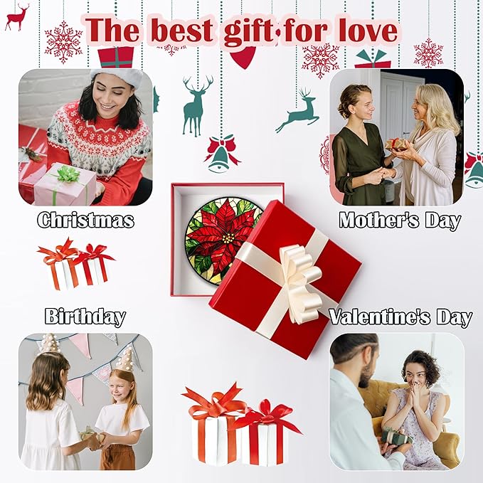 Stained Glass Window Hanging - Poinsettia Suncatcher for Door Garden Home Decor Birth Flower Sun Catcher Birthday Mother's Day for Lovers Friend Women Mom Nana 11.8 in