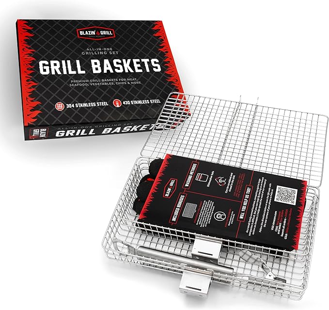 BLAZIN' GRILL Baskets for Outdoor Grill | 2 Grilling Baskets with Detachable Handle | Barbecue Grill Set with BBQ Gloves | Portable Camping Net Rack Perfect for Vegetables, Seafood & Meat