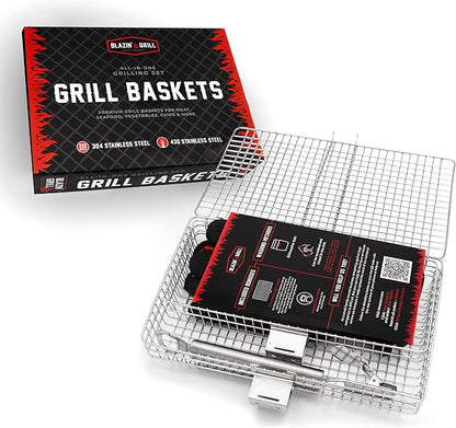 BLAZIN' GRILL Baskets for Outdoor Grill | 2 Grilling Baskets with Detachable Handle | Barbecue Grill Set with BBQ Gloves | Portable Camping Net Rack Perfect for Vegetables, Seafood & Meat