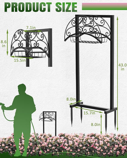 Breeze Touch Garden Hose Holder Freestanding with Basket, Heavy Duty Outdoor Hose Stand, Metal Rack for Yard, Durable Water Hose Storage for outside, Compact Organizer for Garden Use
