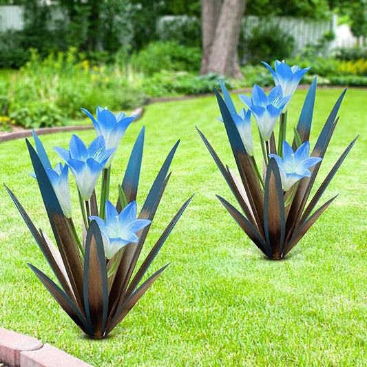 Homight Metal Agave Plant Outdoor Decoration Lily Mexican Yard Art Garden Gift Home Decor Hand Painted Metal Agave Garden Yard Statue, Outdoor Lawn Ornaments (2 Big Blue Lilies)