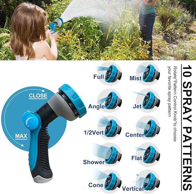 100Ft Non-Expandable Garden Hose, Flexible Water Hose with 10-Pattern Spray Nozzle, Lightweight Hose Pipe, Kink-Free, Leak-Proof, 3/4" Solid Metal Fittings (Blue)