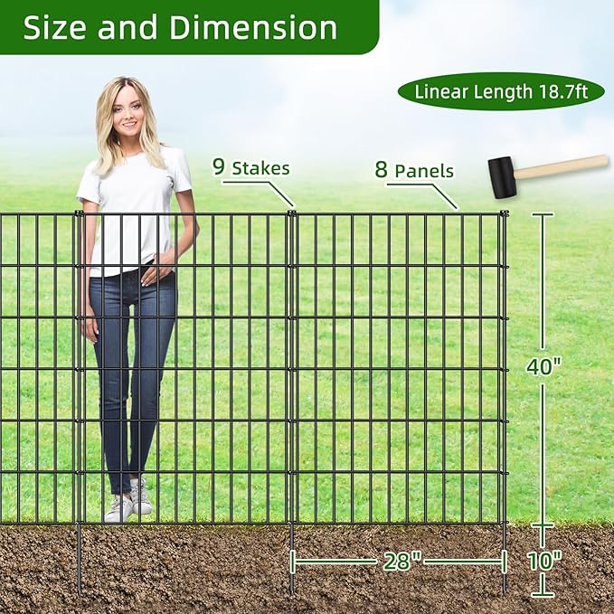 Metal Garden Fence 40in (H) x 18.7ft (L), 8 Panels + 9 Stakes Dog Fence Border Fence Animal Barrier, No Dig Garden Fencing for Yard Flower Bed Lawn Patio Outdoor, PIN402808 Black