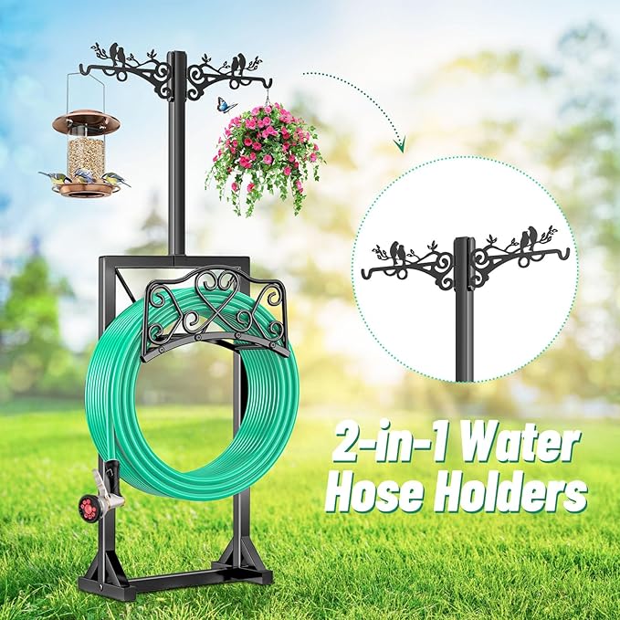 Garden Hose Holder, Freedstanding Heavy Duty Garden Water Hose Holder Stand with 2 Shepherds Hooks, Detachable Metal Hose Storage Hanger Rack for Outside Yard Lawn Farm