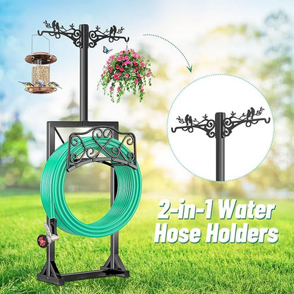 Garden Hose Holder, Freedstanding Heavy Duty Garden Water Hose Holder Stand with 2 Shepherds Hooks, Detachable Metal Hose Storage Hanger Rack for Outside Yard Lawn Farm