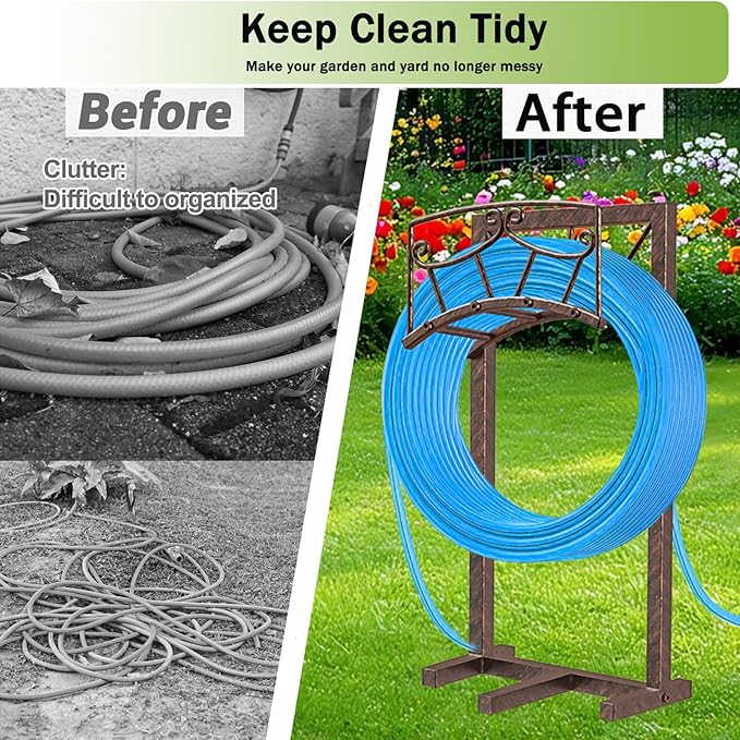 Garden Hose Holder, Heavy Duty Metal Water Hose Holders Hose Stand with 5 Spikes, Freestanding Hose Storage Rack Hose Hanger Holds 150ft Hose for Outside Yard Lawn Garden Decor