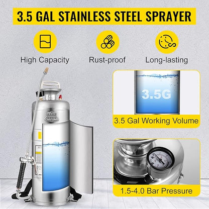 Happybuy 3.5 Gallon Stainless Steel Sprayer, 20" Wand & 3FT Reinforced Hose, Pressure Gauge, Safety Valve&Adjustable Nozzle, Garden Weed Pump Sprayer for Lawn, Gardening