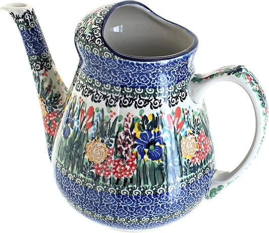 Blue Rose Polish Pottery - Blue Summer Blooms Watering Can - 8" Tall - Polish Pottery Watering Can, for The Garden, Patio or Indoor Décor