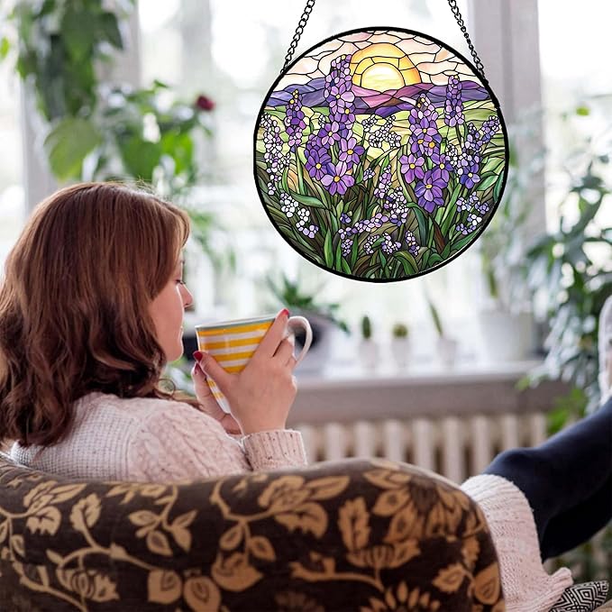 Stained Glass Window Hanging - Purple Lavender Suncatcher for Door Terrace Garden Home Decor Plant Flowers Landscape Sun Catcher Birthday Gifts for Lovers Women Men Dad Mom Nana 15 in