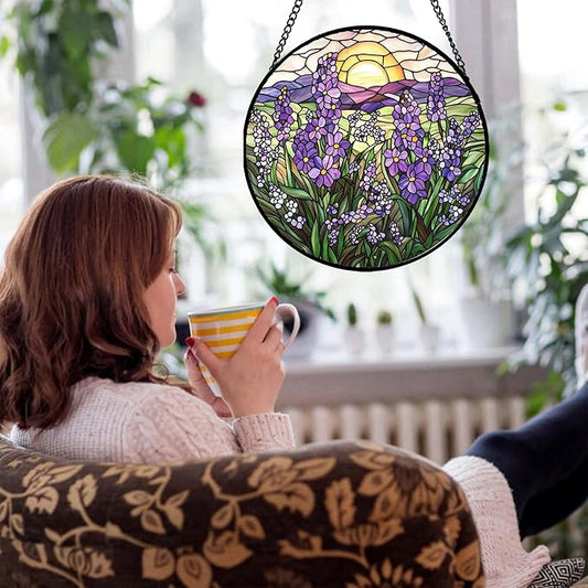 Stained Glass Window Hanging - Purple Lavender Suncatcher for Door Terrace Garden Home Decor Plant Flowers Landscape Sun Catcher Birthday Gifts for Lovers Women Men Dad Mom Nana 15 in