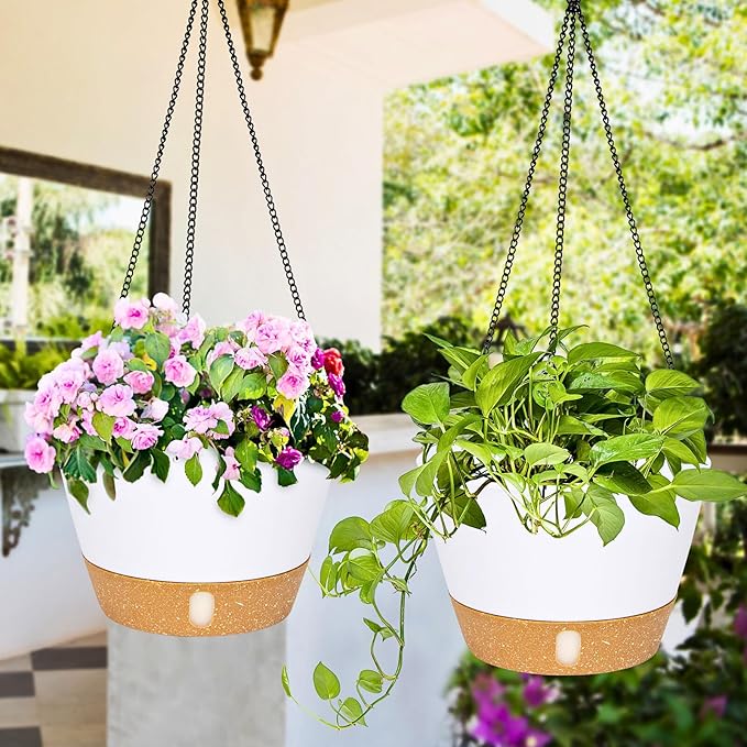 QCQHDU 2 Pack 10 Inch Hanging Planters for Indoor Outdoor Plants, Hanging Baskets Flower Pots with Reservoir Tray & Visible Water-Level