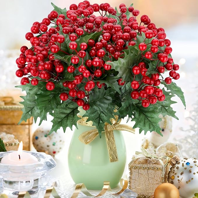 4 Bundles Artificial Christmas Flowers with Red Berry Stems, Fake Norfolk Pine Garland Branches for Winter Decor, Faux Christmas Garland Tree Picks and DIY Crafts (Green Foliage)