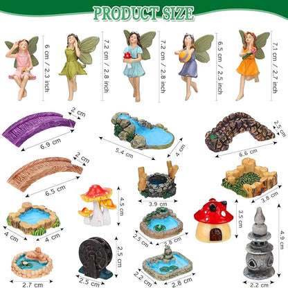 Unittype 19 Pcs Flower Fairy Accessories for Garden Outdoor Fairy Figurines Miniature Bridge Mushroom Lighthouse Water Well Pond Resin Garden Decorations Miniature Figurines for Craft