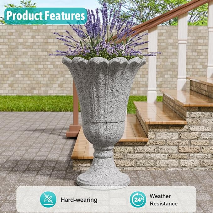 Tall Plastic Urn Planters for Outdoor Plants Set of 2-23.6" H Classic Petal Design Indoor Large Flower Pots with Drainage Holes, Outdoor Planters for Porch Decor/Garden Vase, Grey