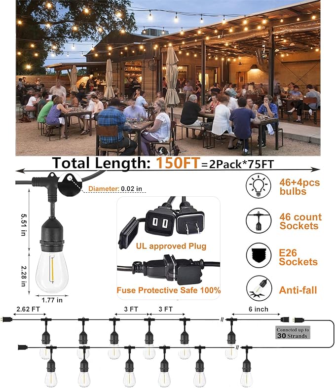 Outdoor String Lights for Outside LED 150 FT Shatterproof Patio Lights with 50 Waterproof Bulbs for Outdoor Backyard Bistro Gazebo Lights, 2-Pack