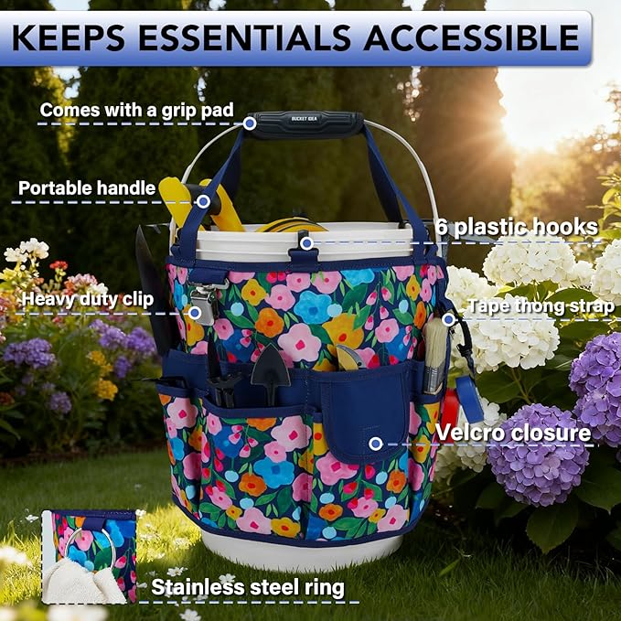 KUNN 18-Pocket Bucket Tool Organizer | Heavy-Duty 5 Gallon Bucket Caddy with Hangable Handle | Gardening Tool Bag & Garden Caddy Accessory for Gardeners, Blue