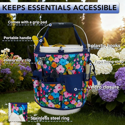 KUNN 18-Pocket Bucket Tool Organizer | Heavy-Duty 5 Gallon Bucket Caddy with Hangable Handle | Gardening Tool Bag & Garden Caddy Accessory for Gardeners, Blue