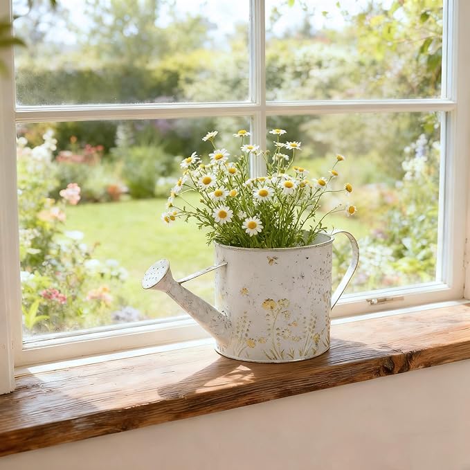 Vintage Metal Watering Can Planter with Embossed Floral - Distressed White Decorative Watering Pot for Indoor/Outdoor Flowers, Succulents & Herbs, Rustic Home Decor Accent