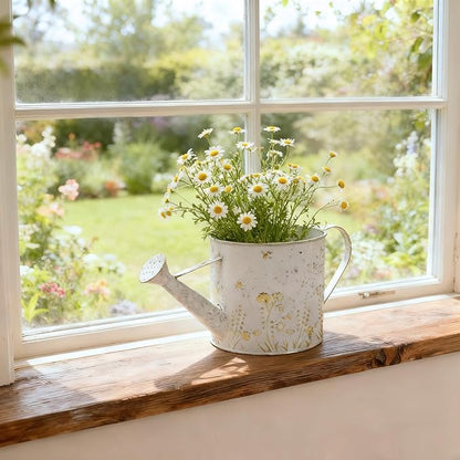 Vintage Metal Watering Can Planter with Embossed Floral - Distressed White Decorative Watering Pot for Indoor/Outdoor Flowers, Succulents & Herbs, Rustic Home Decor Accent