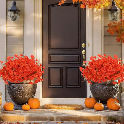 Geegoods Artificial Fall Flowers Outdoor – 16 Bundles Morning Glory with Eucalyptus, UV Resistant Faux Plants for Porch, Patio, Front Door & Garden Planter Boxes | Lifelike Autumn Decoration