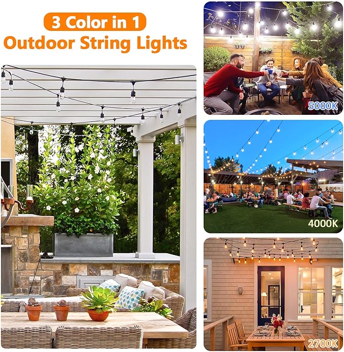 Lakumu 2-Pack 3 Color Dimmable LED Outdoor String Lights for Patio with Remotes, 96FT Waterproof Hanging Lights with Shatterproof Edison Bulbs for Bistro Backyard-Warm White/Neutral White/Daylight