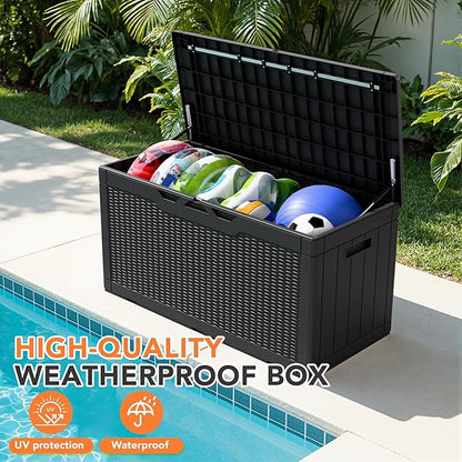105 Gallon Deck Box Outdoor Indoor Waterproof Storage Box for Patio Furniture, Pool Accessories, Garden Tools, and Cushion Storage, Black