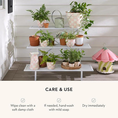 MACKENZIE-CHILDS Enamel Herb Pots, Small Plant Pots for Herbs or Flowers, Set of 3, Pink-and-White Rosy Check