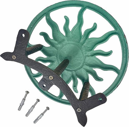 Decorative Sun Cast Iron Hose Holder – Verdigris & Bronze Finish, 11.5 In Heavy Duty Wall Mount Hose Reel, Outdoor Garden Storage Rack for Patio, Lawn, Yard, Weather Resistant, Hardware Included