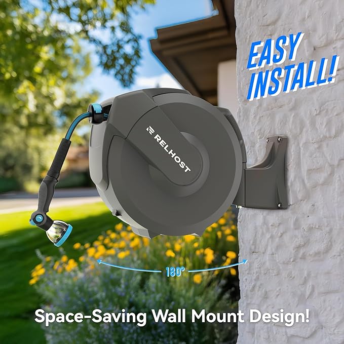 Retractable Garden Hose Reel 100 ft x 1/2 in, Heavy Duty Hose Reel Wall Mount with Any Length Lock, Auto Rewind System, 180° Swivel Bracket, 10-Pattern Garden Hose Nozzle, Dark Grey