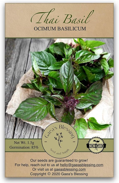 Gaea's Blessing Thai Basil Seeds - Non-GMO - with Easy to Follow Planting Instructions - Open-Pollinated Heirloom High Yield Heirloom 85% Germination Rate