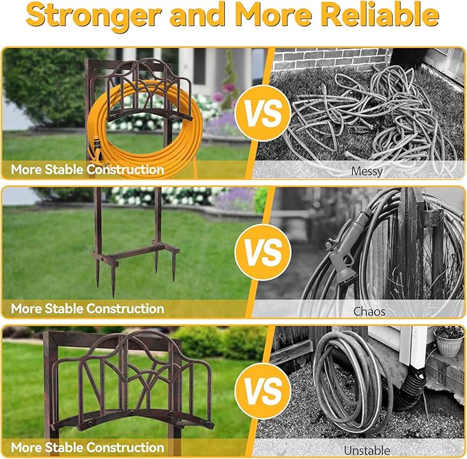 Garden Hose Holder Hanger Freestanding, Upgraded 4-Spike Heavy Duty Storage Reel Stand, Holds 150ft Hose for Outside Yard Lawn (Rustic Line, Metal)