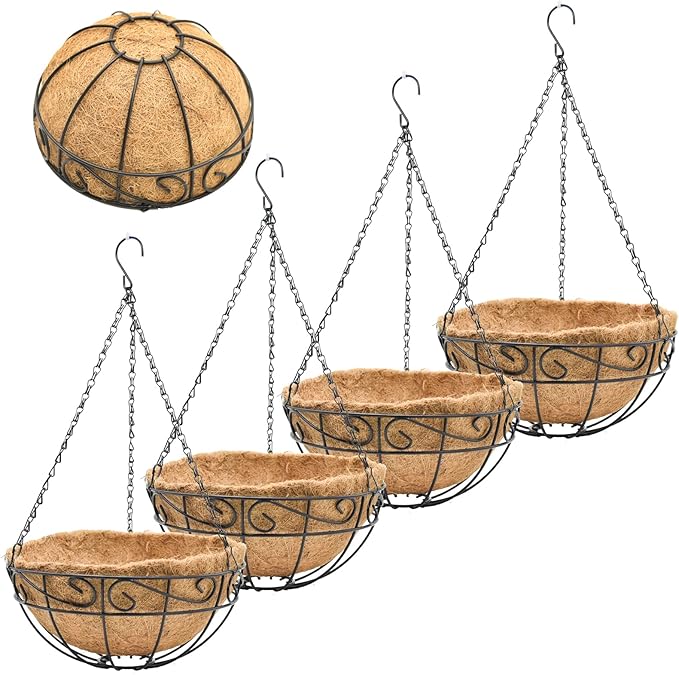 4 Pack 14 Inch Hanging Baskets for Plants Outdoor Metal Hanging Planter Basket with Coco Coir Liner Hanging Flower Pots Holder for Garden, Patio(Flower)