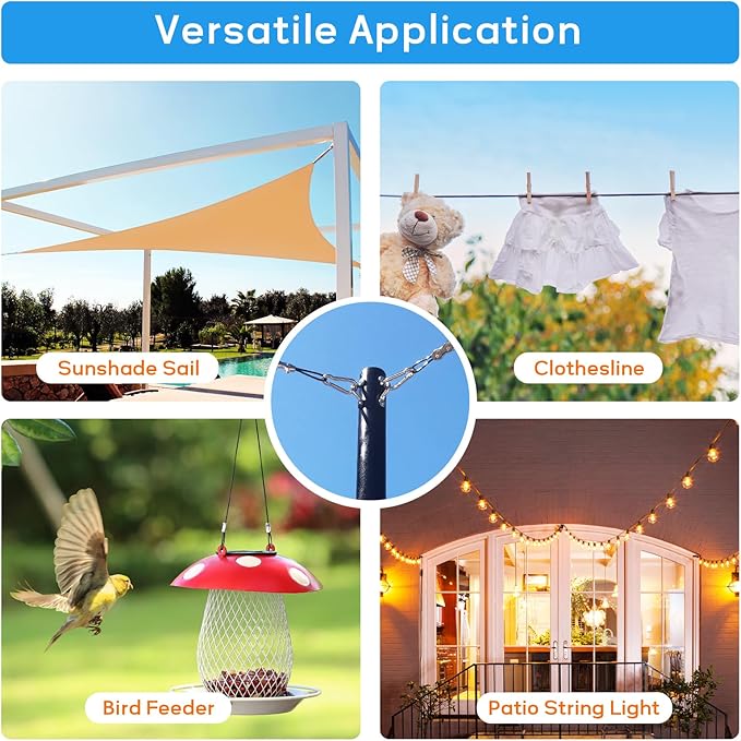 String Light Hanging Kit with Vinyl 400FT Coated Stainless Steel 304 Wire Rope Suspension Kit Included Enough Accessories with Turnbuckles and Hooks for Patio, Garden and Wedding Lighting