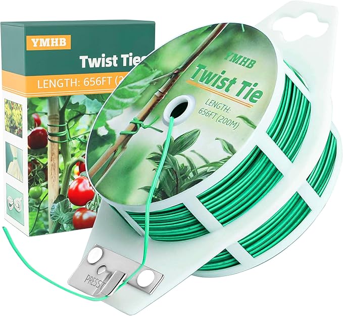 YMHB Twist Ties, 656Feet (200m) Green Garden Plant Ties with Cutter, Green Twist Ties for Gardening Tomatoes Vines Tie Garden Ties, Plant Support and Office Home Cable Organizing
