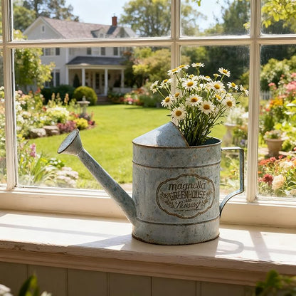 Vintage Galvanized Metal Watering Can, Magnolia Greenhouse Design, Decorative Watering Pot, Functional Garden Waterer for Indoor Outdoor Plant Care, Rustic Decor for Home Garden Patio